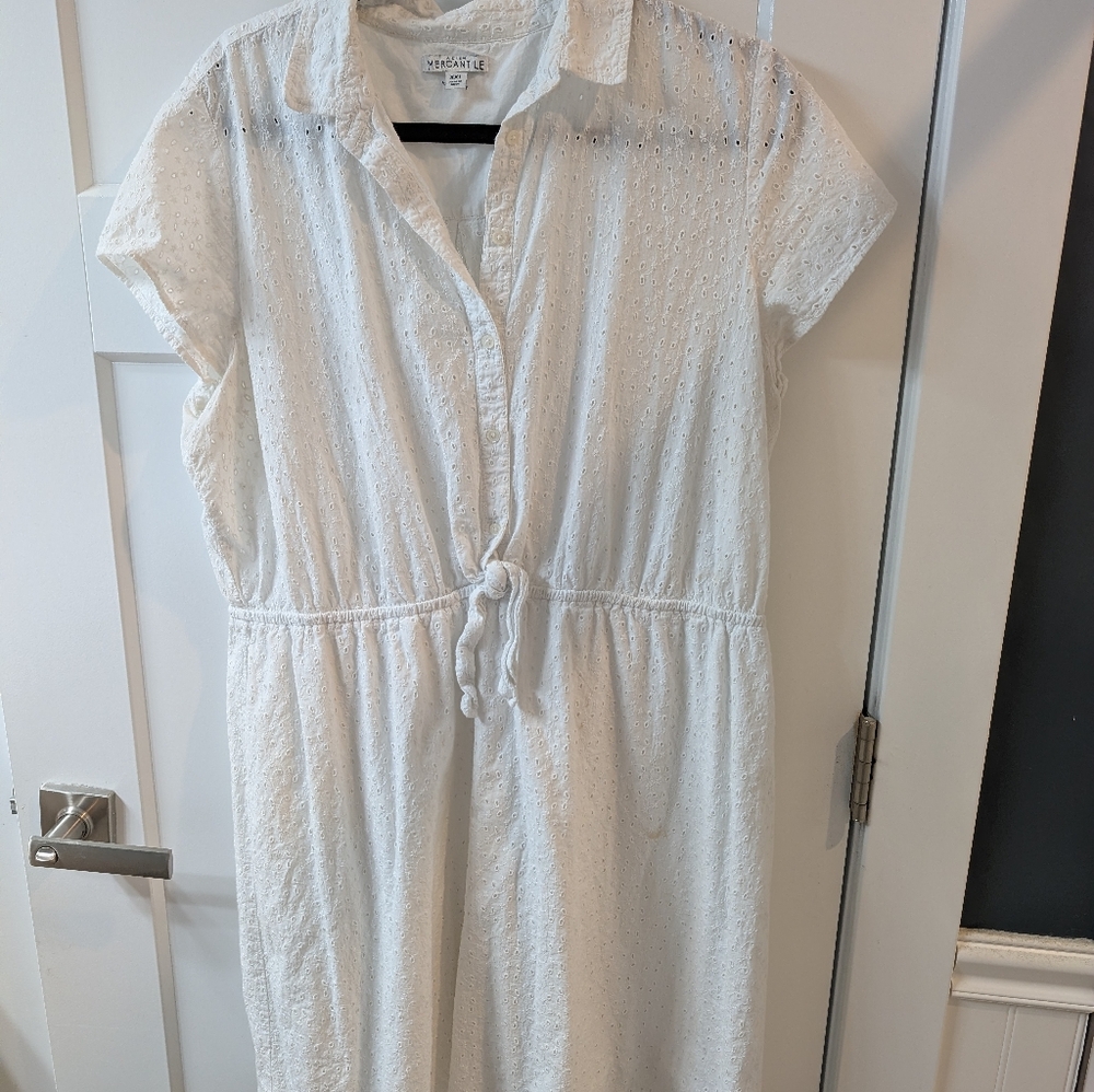 J. Crew Mercantile White Short-Sleeve Eyelet Collared Tie Front Dress, XXL - Picture 2 of 6